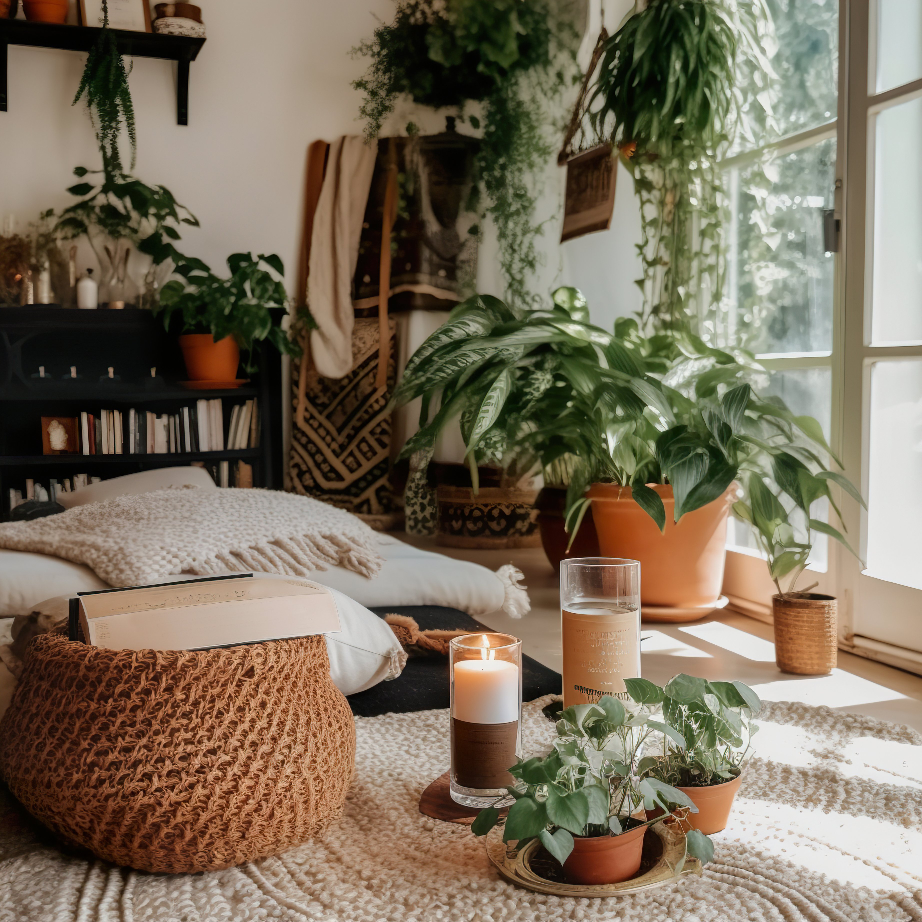 Boho Styled Room Interior with Candles and Houseplants